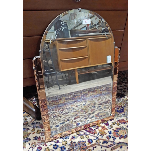 93 - Art Deco arched bevelled mirror with amber side glass. H63cm