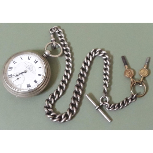 97 - A Thomas Russell & Son silver plated pocket watch diam. 53mm, with hallmarked silver Albert chain, l... 