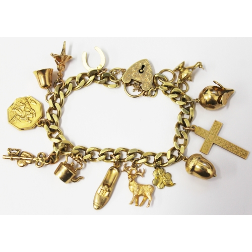 102 - A 9ct gold charm bracelet, gross weight 36.9 grams, each link marked 9 .375, with heart locket clasp... 