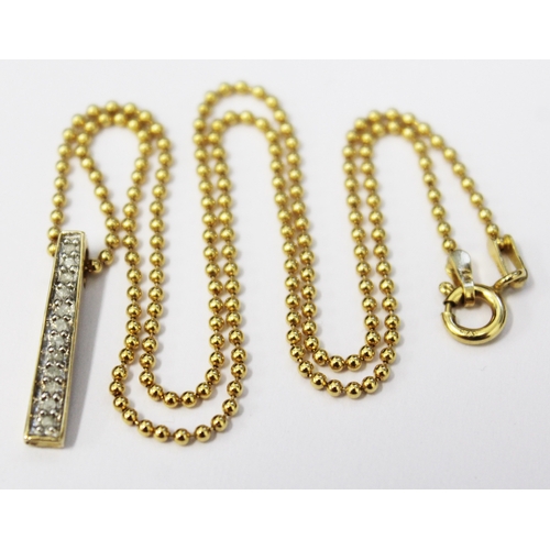 113 - A pendant necklace, the chain with 18ct gold import marks, the clasp and pendant marked '375', lengt... 