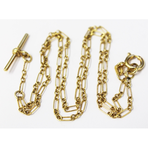 114 - A 9ct gold chain with miniature T bar, length approx 25cm, gross weight 4.0 grams, marked .375