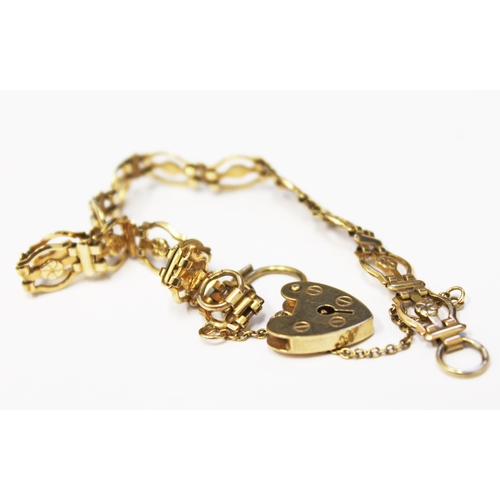 120 - A 9ct gold bracelet with heart locket clasp, the clasp hallmarked .375, ends of chain marked .375, g... 