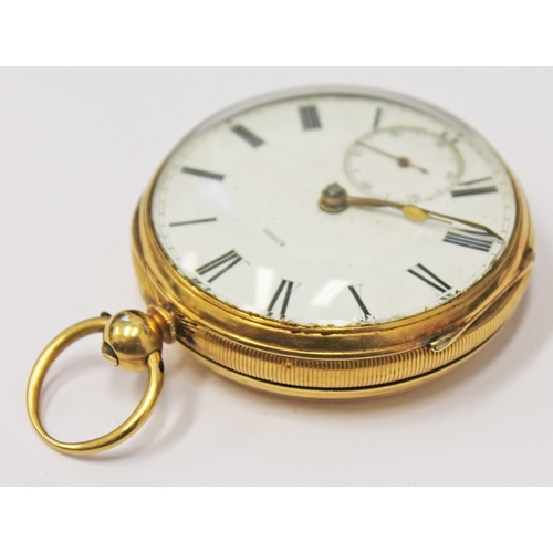 128 - A hallmarked 18ct gold pocket watch, diam. 48cm, gross wt. 104.5g.