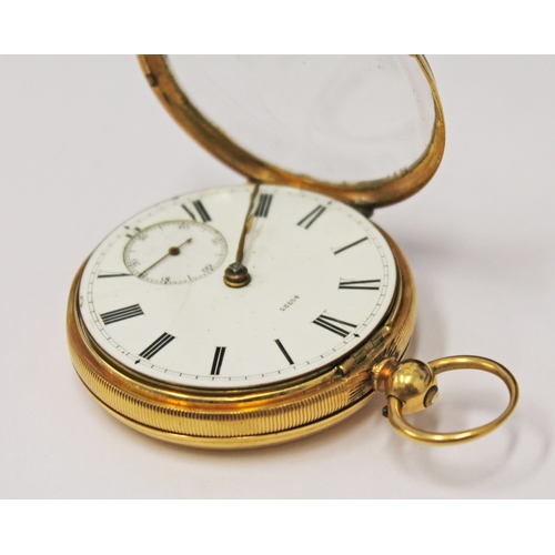 128 - A hallmarked 18ct gold pocket watch, diam. 48cm, gross wt. 104.5g.