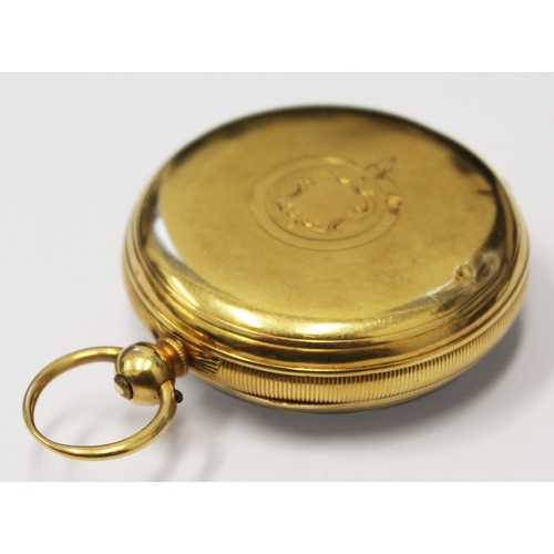 128 - A hallmarked 18ct gold pocket watch, diam. 48cm, gross wt. 104.5g.