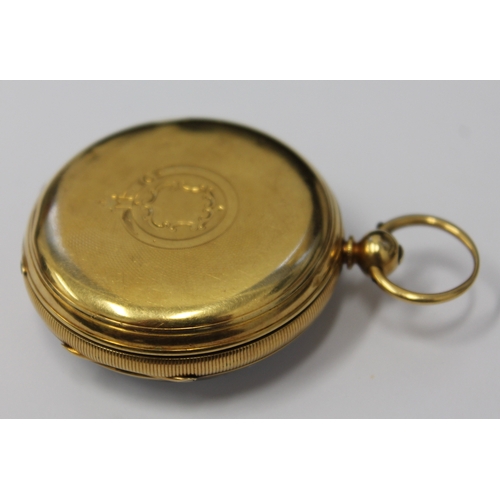 128 - A hallmarked 18ct gold pocket watch, diam. 48cm, gross wt. 104.5g.