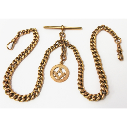 129 - A hallmarked 9ct gold double Albert chain with 9ct gold Masonic fob, each link marked '375', T bar w... 