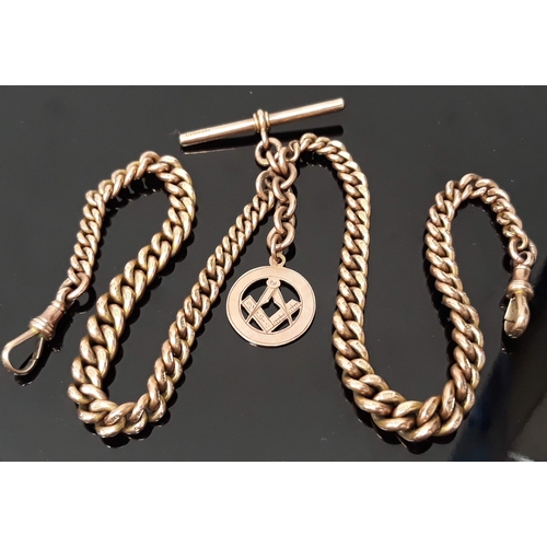 129 - A hallmarked 9ct gold double Albert chain with 9ct gold Masonic fob, each link marked '375', T bar w... 