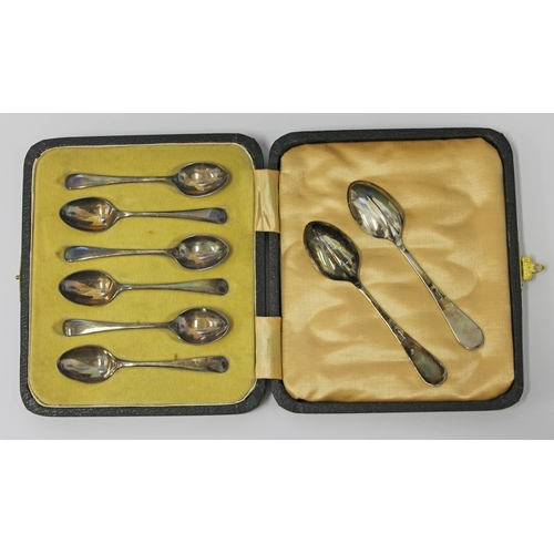 136 - A cased set of six hallmarked silver spoons and two others.