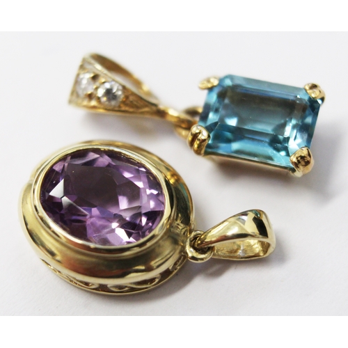 140 - A hallmarked 14ct gold pendant set with purple amethyst, total length 2cm, gross weight 2.2g. togeth... 