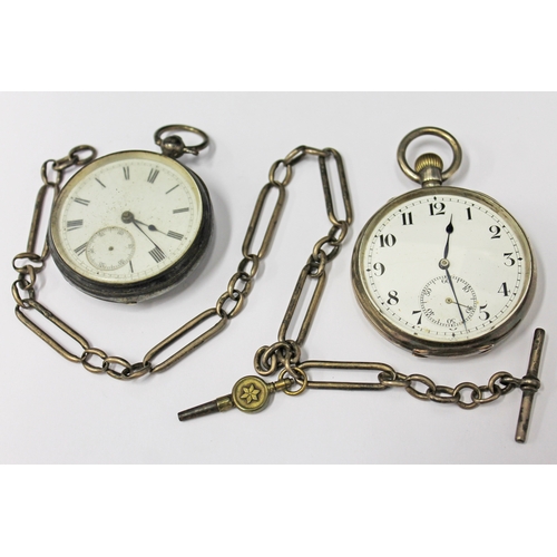 142 - Two silver pocket watches together with a hallmarked silver watch chain with t bar,  gross weight 21... 