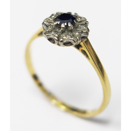 148 - An 18ct gold, platinum, diamond and saphire ring, size N, gross weight 2.5g, diameter of cluster/flo... 