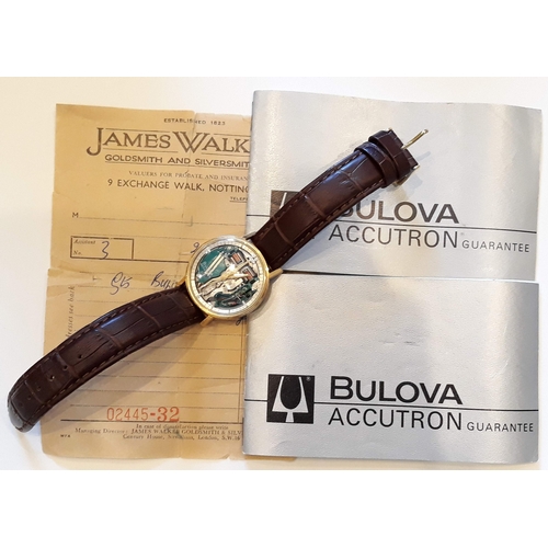 169 - A 1960s gold plated Bulova Accutron wrist watch, diam. 35mm, marked '40 SAD' with original box, book... 