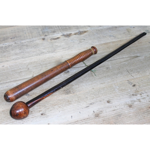 71 - A Zulu assegai knobkerrie length 62.5cm and a Victorian truncheon length 37cm.