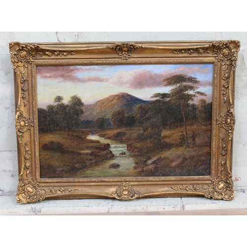 87 - 19th century school, mountain scene, oil on canvas, 59cm x 39cm, indistinctly signed, fancy frame 75... 