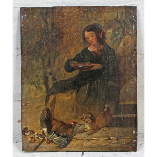 89 - 19th century school, manner of Louis Eugene Lambert, woman feeding chickens with dog, oil on panel, ... 