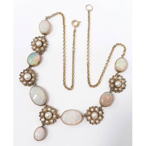 100D - A gold diamond, opal and pearl necklace, the chain marked '750' and the central pendant marked '15ct... 