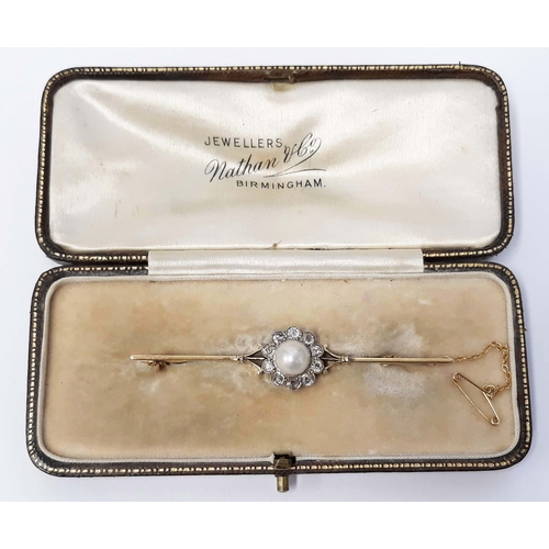 100S - An Edwardian diamond and pearl brooch, unmarked, length 67mm, gross wt. 5.1g, with box.