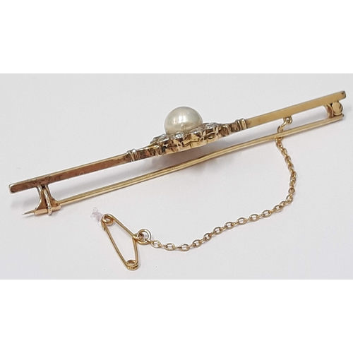 100S - An Edwardian diamond and pearl brooch, unmarked, length 67mm, gross wt. 5.1g, with box.