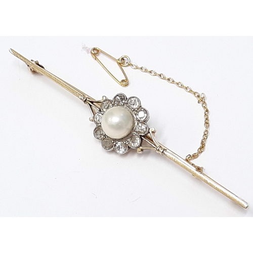 100S - An Edwardian diamond and pearl brooch, unmarked, length 67mm, gross wt. 5.1g, with box.