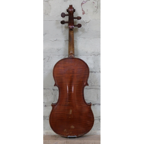 93 - A 19th century full size French violin stamped inside 'Nicolas Bertholini', length of back 14