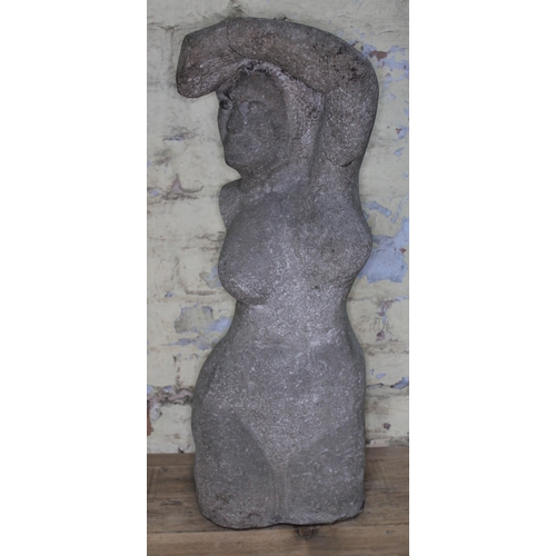 97 - A 20th Century carved stone figure depicting a nude lady with arm raised above head, length 70cm.