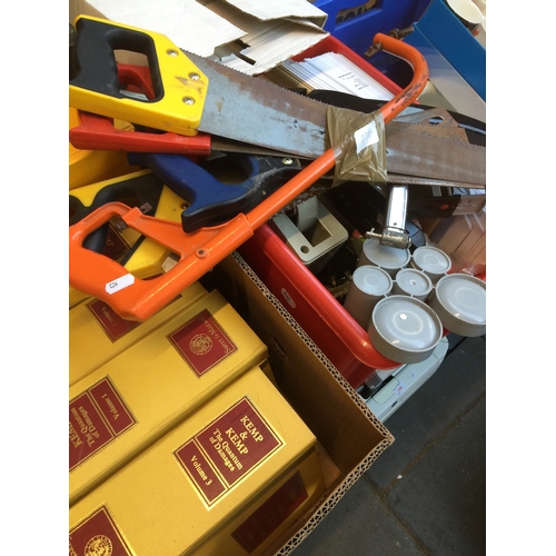 238 - 2 boxes with various stationary, envelopes, stapler, few volumes and some tools