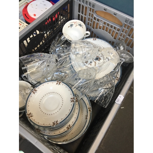 972 - A crate containing Doulton Old Colony dinnerware and some cut glass wine glass