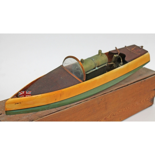 315 - A Hobbies Bowman Snipe live steam model boat with original wooden box.