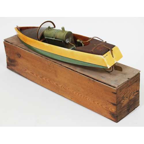 315 - A Hobbies Bowman Snipe live steam model boat with original wooden box.