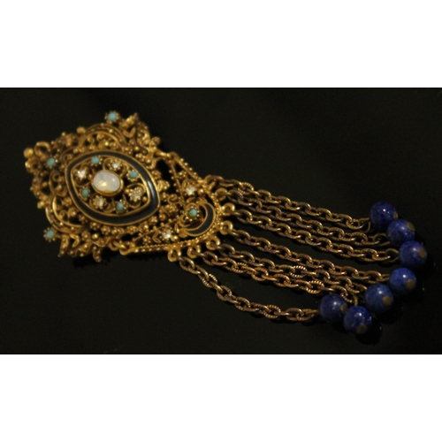 144 - A vintage costume drop pendant brooch by Florenza set with turquoise, lapis lazuli and moonstone, le... 