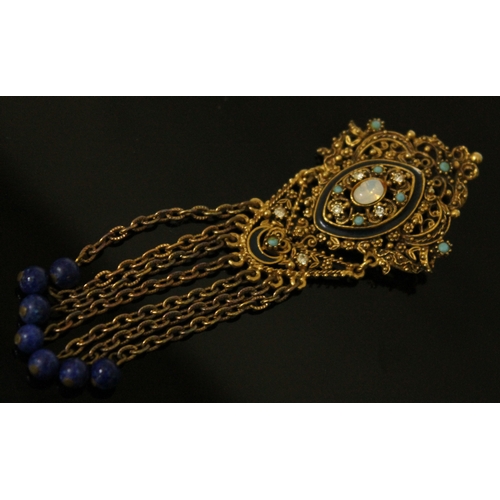 144 - A vintage costume drop pendant brooch by Florenza set with turquoise, lapis lazuli and moonstone, le... 