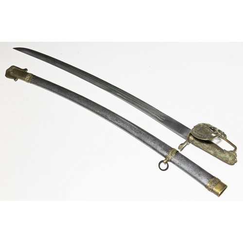 335 - A cast brass handled sword with steel blade inscribed 'Edward Barnes', with steel scabbard, blade le... 