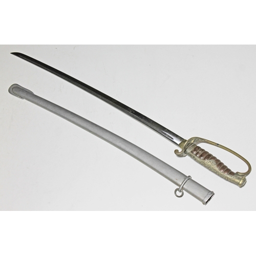 337 - A Japanese officers sword with cast brass hilt, wire bound leather grip and steel scabbard, blade le... 