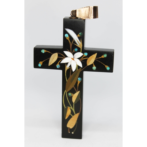 213 - A Victorian pietra dura inlaid crucifix pendant with yellow metal mount, height 6.5cm.