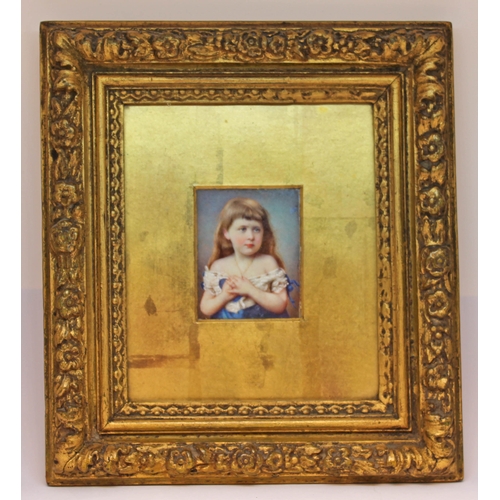 264 - 19th century school, miniature portrait on ivory depicting a young girl, 4cm x 5cm, glazed and frame... 