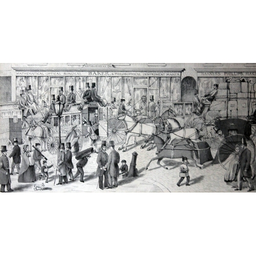 389 - John Maggs, pen and ink, mid 19th century, busy London street scene, monogrammed J.M., 39x62cm frame... 