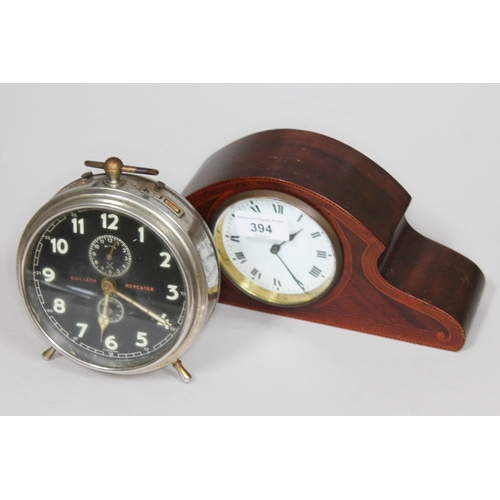 394 - A Goliath stainless steel alarm clock and a French inlaid mantle clock.