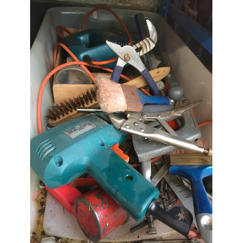 114 - A large plastic box containing various tools to include Black & Decker drill, etc