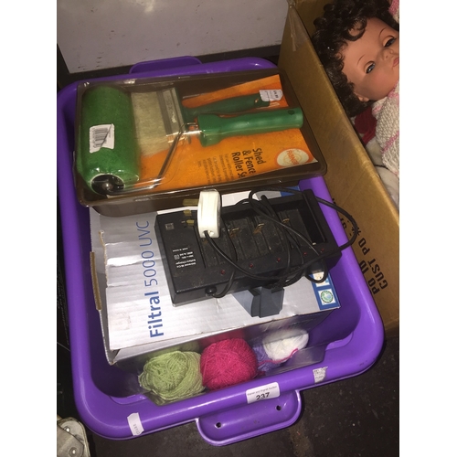 237 - A box of misc to include a Filtral 5000 UVC pond pump, wool, battery charger, etc