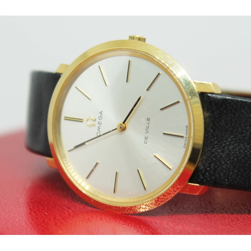 103 - A Omega De ville gold plated mechanical wristwatch on original Omega black leather strap, with box a... 