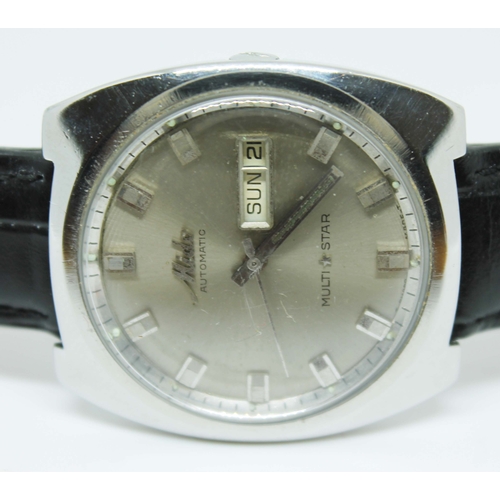 108 - A Mido Multi Star stainless steel automatic wristwatch on black leather strap, case width 36mm.