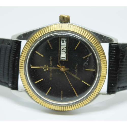 111 - An Eterna-Matic Kontiki 1960s automatic stainless steel wristwatch with black dial, gold tone hands ... 