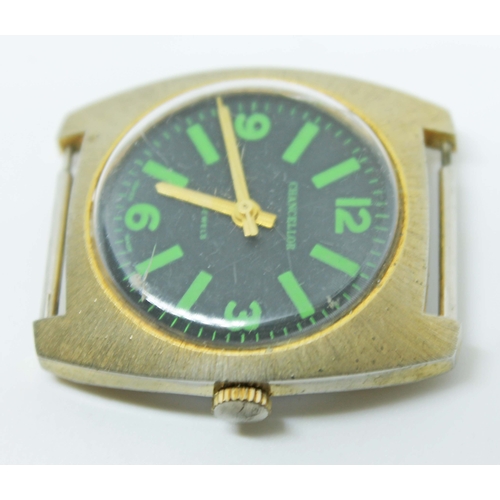 124 - A 1970s Chancellor stainless steel gold tone wristwatch with signed black dial and alternate green A... 