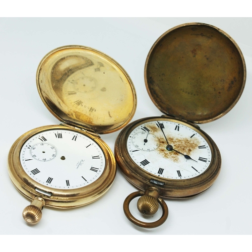 134 - Two gold plated pocket watches; a Waltham Watch Co. and a Thomas Russell Liverpool, as found.