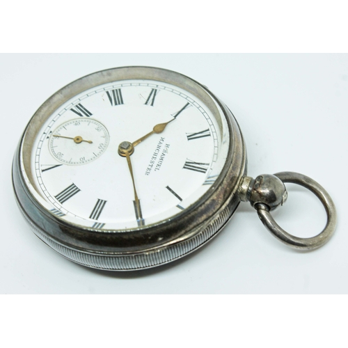 138 - A H. Samuel Manchester hallmarked silver pocket watch, no. 309917, case diameter 52mm.