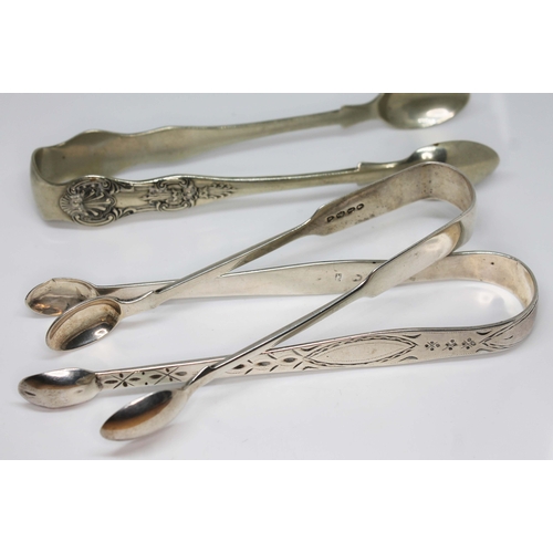 97 - Two pairs of hallmarked silver sugar tongs wt. 2oz and a pair of EPNS tongs.