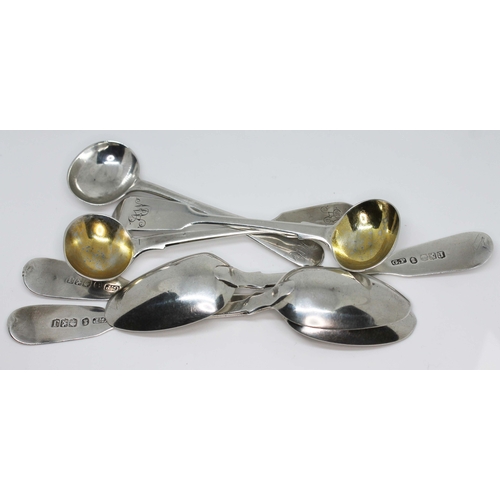 98 - Hallmarked silver spoons comprising three mustard spoons and a set of three Scottish silver tea spoo... 