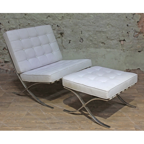 25 - A cream leather and polished steel Barcelona chair and matching stool after the original design by L... 