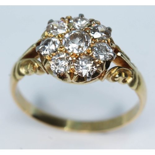 101 - A late Victorian diamond cluster ring featuring eight old cut diamonds, cluster diam. 10mm, hallmark... 